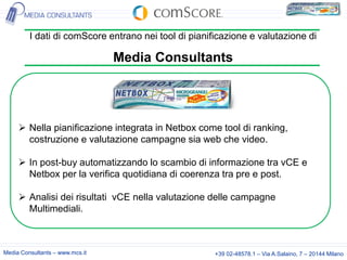 I dati di comScore entrano nei tool di pianificazione e valutazione di

Media Consultants

 Nella pianificazione integrata in Netbox come tool di ranking,
costruzione e valutazione campagne sia web che video.
 In post-buy automatizzando lo scambio di informazione tra vCE e
Netbox per la verifica quotidiana di coerenza tra pre e post.
 Analisi dei risultati vCE nella valutazione delle campagne
Multimediali.

Media Consultants – www.mcs.it

+39 02-48578.1 – Via A.Salaino, 7 – 20144 Milano

 