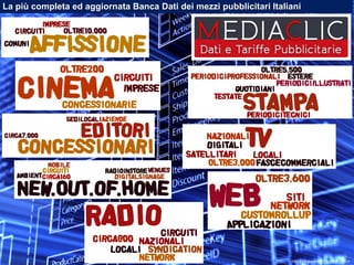 La più completa ed aggiornata Banca Dati dei mezzi pubblicitari Italiani

Media Consultants – www.mcs.it

+39 02-48578.1 – Via A.Salaino, 7 – 20144 Milano

 