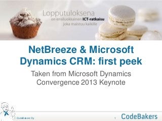 NetBreeze & Microsoft
  Dynamics CRM: first peek
          Taken from Microsoft Dynamics
           Convergence 2013 Keynote



CodeBakers Oy                     1
 