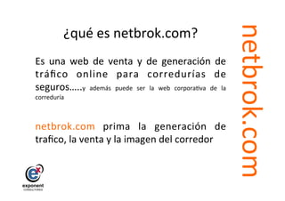 netbrok.com
            ¿qué	
  es	
  netbrok.com?	
  
Es	
   una	
   web	
   de	
   venta	
   y	
   de	
   generación	
   de	
  
tráﬁco	
   online	
   para	
   corredurías	
   de	
  
seguros…..y	
   además	
   puede	
   ser	
   la	
   web	
   corpora=va	
   de	
   la	
  
correduría	
  

	
  
netbrok.com	
   prima	
   la	
   generación	
   de	
  
traﬁco,	
  la	
  venta	
  y	
  la	
  imagen	
  del	
  corredor	
  
	
  
	
  




                                                                                            	
  
 