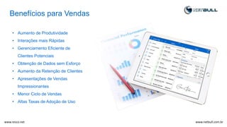 Benefícios para Vendas
• Aumento de Produtividade
• Interações mais Rápidas
• Gerenciamento Eficiente de
Clientes Potenciais
• Obtenção de Dados sem Esforço
• Aumento da Retenção de Clientes
• Apresentações de Vendas
Impressionantes
• Menor Ciclo de Vendas
• Altas Taxas de Adoção de Uso
www.netbull.com.brwww.resco.net
 