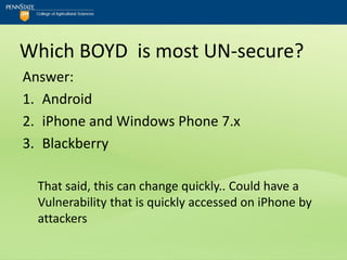 Which BOYD is most UN-secure?
Answer:
1. Android
2. iPhone and Windows Phone 7.x
3. Blackberry

  That said, this can change quickly.. Could have a
  Vulnerability that is quickly accessed on iPhone by
  attackers
 