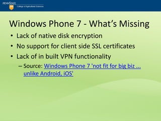 Windows Phone 7 - What’s Missing
• Lack of native disk encryption
• No support for client side SSL certificates
• Lack of in built VPN functionality
  – Source: Windows Phone 7 'not fit for big biz ...
    unlike Android, iOS'
 