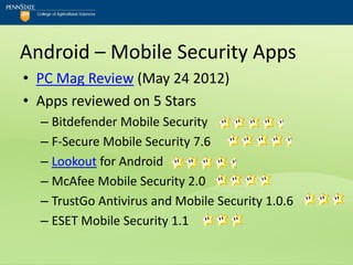 Android – Mobile Security Apps
• PC Mag Review (May 24 2012)
• Apps reviewed on 5 Stars
  – Bitdefender Mobile Security
  – F-Secure Mobile Security 7.6
  – Lookout for Android
  – McAfee Mobile Security 2.0
  – TrustGo Antivirus and Mobile Security 1.0.6
  – ESET Mobile Security 1.1
 