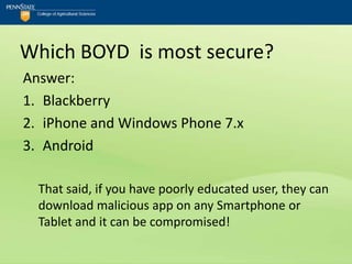 Which BOYD is most secure?
Answer:
1. Blackberry
2. iPhone and Windows Phone 7.x
3. Android

  That said, if you have poorly educated user, they can
  download malicious app on any Smartphone or
  Tablet and it can be compromised!
 