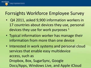Forrsights Workforce Employee Survey
• Q4 2011, asked 9,900 information workers in
  17 countries about devices they use, personal
  devices they use for work purposes 1
• Typical information worker has manage their
  information from more than one device
• Interested in work systems and personal cloud
  services that enable easy multidevice
  access, such as
  Dropbox, Box, SugarSync, Google
  Docs/Apps, Windows Live, and Apple iCloud
 