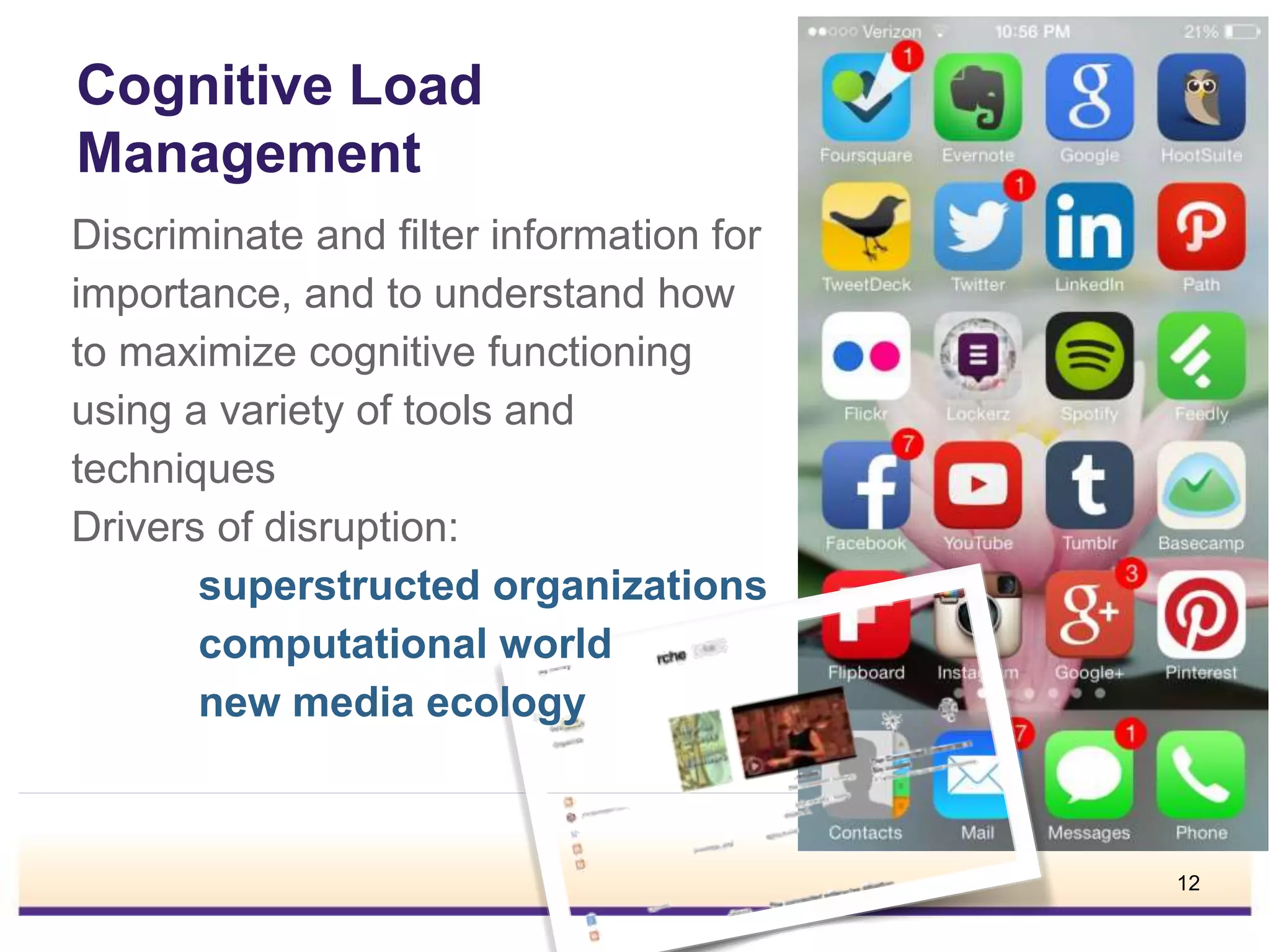 Cognitive Load
Management
Discriminate and filter information for
importance, and to understand how
to maximize cognitive functioning
using a variety of tools and
techniques
Drivers of disruption:
superstructed organizations
computational world
new media ecology
12
 