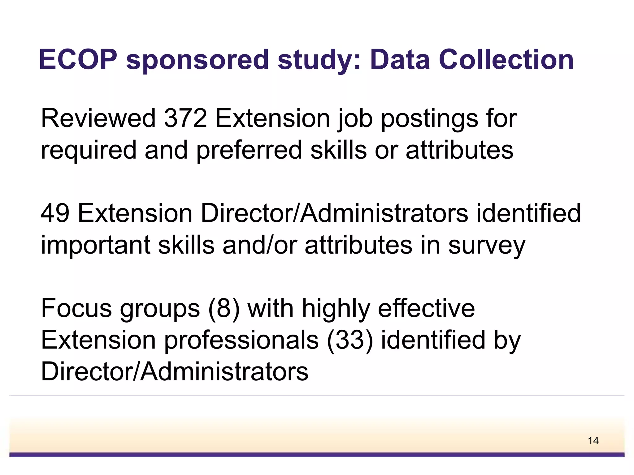 Reviewed 372 Extension job postings for
required and preferred skills or attributes
49 Extension Director/Administrators identified
important skills and/or attributes in survey
Focus groups (8) with highly effective
Extension professionals (33) identified by
Director/Administrators
ECOP sponsored study: Data Collection
14
 