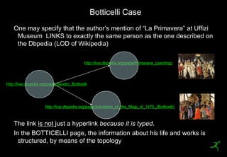 Botticelli Case
      One may specify that the author’s mention of ―La Primavera‖ at Uffizi
       Museum LINKS to exactly the same person as the one described on
       the Dbpedia (LOD of Wikipedia)

                                            http://live.dbpedia.org/page/Primavera_(painting)




http://live.dbpedia.org/page/Sandro_Botticelli




                      http://live.dbpedia.org/page/Adoration_of_the_Magi_of_1475_(Botticelli)



      The link is not just a hyperlink because it is typed.
      In the BOTTICELLI page, the information about his life and works is
        structured, by means of the topology
 20
 