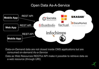 Open Data As-A-Service

                   REST API
Mobile App


                 REST API
     Web App

                   REST API
      Mobile App



     Data-on-Demand data are not closed inside CMS applications but are
      consumed on-demand As-a-Service
     Data as Web Resources RESTful API make it possible to retrieve data as
      a web resource (through URI)
27
 