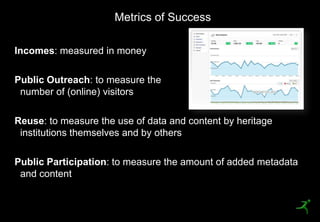Metrics of Success

 Incomes: measured in money

 Public Outreach: to measure the
  number of (online) visitors

 Reuse: to measure the use of data and content by heritage
  institutions themselves and by others

 Public Participation: to measure the amount of added metadata
  and content


34
 