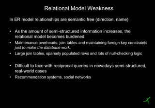 Relational Model Weakness
     In ER model relationships are semantic free (direction, name)

     • As the amount of semi-structured information increases, the
       relational model becomes burdened
     • Maintenance overheads: join tables and maintaining foreign key constraints
       just to make the database work.
     • Large join tables, sparsely populated rows and lots of null-checking logic


     • Difficult to face with reciprocal queries in nowadays semi-structured,
       real-world cases
     • Recommendation systems, social networks




39
 