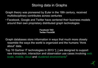 Storing data in Graphs
     Graph theory was pioneered by Euler in the 18th century, received
       multidisciplinary contributes across centuries
     • Facebook, Google and Twitter have centered their business models
       around their own proprietary distributed graph technologies

                                Facebook TAO
                                Twitter FlockDB


     Graph databases store information in ways that much more closely
      resemble the ways the world is organized and the humans ―think
      about‖ data.
     Top 10 Gartner IT technologies in 2013 ―[..] are designed to support
      new transaction, interaction and observation use cases involving web
      scale, mobile, cloud and clustered environments‖

41
 