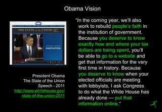 Obama Vision
                                   ―In the coming year, we’ll also
                                     work to rebuild people’s faith in
                                     the institution of government.
                                     Because you deserve to know
                                     exactly how and where your tax
                                     dollars are being spent, you’ll
                                     be able to go to a website and
                                     get that information for the very
                                     first time in history. Because
              President Obama        you deserve to know when your
          The State of the Union     elected officials are meeting
                  Speech - 2011      with lobbyists, I ask Congress
    http://www.whitehouse.gov/       to do what the White House has
        state-of-the-union-2011
                                     already done — put that
5                                    information online.―
 