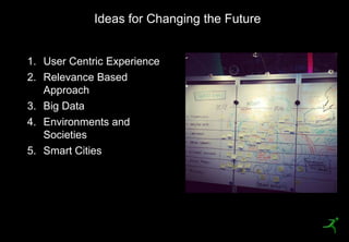 Ideas for Changing the Future


     1. User Centric Experience
     2. Relevance Based
        Approach
     3. Big Data
     4. Environments and
        Societies
     5. Smart Cities




55
 