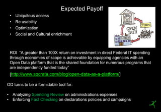 Expected Payoff
    •   Ubiquitous access
    •   Re usability
    •   Optimization
    •   Social and Cultural enrichment



    ROI ―A greater than 100X return on investment in direct Federal IT spending
    through economies of scope is achievable by equipping agencies with an
    Open Data platform that is the shared foundation for numerous programs that
    are independently funded today‖
    [http://www.socrata.com/blog/open-data-as-a-platform/]

OD turns to be a formidable tool for:

• Analyzing Spending Review on administrations expenses
• Enforcing Fact Checking on declarations policies and campaigns
7
 