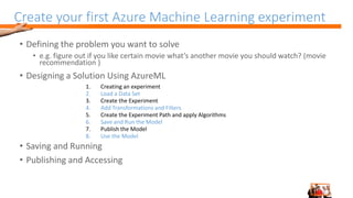 Create your first Azure Machine Learning experiment
• Defining the problem you want to solve
• e.g. figure out if you like certain movie what’s another movie you should watch? (movie
recommendation )
• Designing a Solution Using AzureML
1. Creating an experiment
2. Load a Data Set
3. Create the Experiment
4. Add Transformations and Filters
5. Create the Experiment Path and apply Algorithms
6. Save and Run the Model
7. Publish the Model
8. Use the Model
• Saving and Running
• Publishing and Accessing
 
