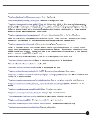 41
     http://en.wikipedia.org/wiki/History_of_podcasting - History of podcasting

42
     http://en.wikipedia.org/wiki/Digital_audio_player - The history of the digital audio player

43
  http://www.thelongtail.com/the_long_tail/2005/09/long_tail_101.html - Long Tail 101 by Chris Anderson. Podcasting makes it
possible to target niche audiences. In an October 2004 Wired magazine article, Chris Anderson presented a concept called “The
Long Tail” that has become a business model for selling in today’s Internet connected world. Based on the end tails of a statistical
distribution, it states “products that are in low demand or have low sales volume can collectively make up a market share that
exceeds the relatively few current best-sellers and blockbusters.”

44
     http://www.apple.com/itunes/store/podcasts.html - Information about podcasts available on the iTunes Music Store

 With “live book-marking” in new Web browsers like Internet Explorer 7, FireFox 2, and Safari 2, everything except managing a
45

podcast library and downloading to a portable media player can be handled. Using iTunes is a better choice.

46
     http://www.apple.com/itunes/download/ - Web site for downloading Apple’s iTunes software

47
  USB is an acronym for Universal Serial Bus. USB is the most common way to connect peripherals such as printers, scanners,
cameras, and portable media players to a computer. Older computers use the USB 1.1 standard which is slower than the current
USB 2.0 standard. When connecting a portable media player to your computer so you can download audio or video, you should
always try to connect it via a USB 2.0 compatible port.

48
     Utterback. Broadcast Voice Handbook: How to polish your on-air delivery. Bonus Books, Illinois, 2000.

49
     http://www.heilsound.com/pro/podcast/ - Details on podcast microphones on the Heil Sound Web site

50
     Stark. Live Sound Reinforcement. California: ArtistPro, 2004.

51
     http://www.heilsound.com/pro/mic-primer/ - Primer on microphones at Heil sound

52
     http://www.heilsound.com/pro/products/pr40/ - Heil PR 40 microphone, booms, bases, and shock mounts

53
  http://www.soundblaster.com/products/product.asp?category=1&subcategory=205&product=14257 - Add on sound cards from
Creative Labs for desktop computers

54
     http://www.m-audio.com/products/en_us/FastTrackUSB-main.html - External microphone pre-amplifier and A/D converter

55
  http://www.plantronics.com/north_america/en_US/products/cat640035/cat1430032/prod5500015 - Plantronics 550 DSP
headset

56
     http://www.gracedesign.com/products/101/model101.htm - Microphone pre-amplifier

57
     http://www.motu.com/products/motuaudio/ultralite - Analog to digital converter and mixer

58
     http://en.wikipedia.org/wiki/Mixing_console - Discussion on mixing consoles, commonly called mixers

59
     http://www.behringer.com/UB802/ - Behringer mixer suitable for beginning podcasting

60
     http://www.mackie.com/products/1202vlz3/index.html?t=comment& - Mackie mixer suitable for podcasting

61
     http://www.telos-systems.com/?/one/default.htm - Telephone audio interface


                                                                                                                                  71
 