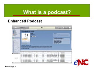 What is a podcast?
   Enhanced Podcast




Manual page: 19
 