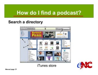 How do I find a podcast?
   Search a directory




                     iTunes store
Manual page: 21
 
