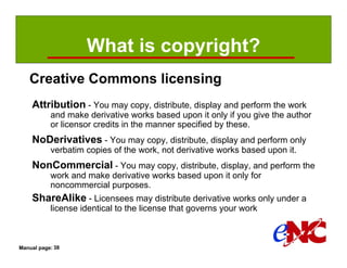 What is copyright?
   Creative Commons licensing
    Attribution - You may copy, distribute, display and perform the work
           and make derivative works based upon it only if you give the author
           or licensor credits in the manner specified by these.
    NoDerivatives - You may copy, distribute, display and perform only
           verbatim copies of the work, not derivative works based upon it.
    NonCommercial - You may copy, distribute, display, and perform the
           work and make derivative works based upon it only for
           noncommercial purposes.
    ShareAlike - Licensees may distribute derivative works only under a
           license identical to the license that governs your work



Manual page: 38
 