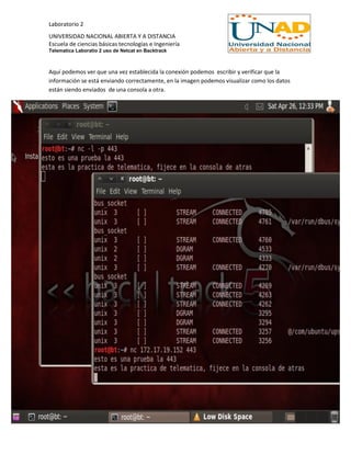 Laboratorio 2
UNIVERSIDAD NACIONAL ABIERTA Y A DISTANCIA
Escuela de ciencias básicas tecnologías e Ingeniería
Telematica Laboratio 2 uso de Netcat en Backtrack
Aquí podemos ver que una vez establecida la conexión podemos escribir y verificar que la
información se está enviando correctamente, en la imagen podemos visualizar como los datos
están siendo enviados de una consola a otra.
 