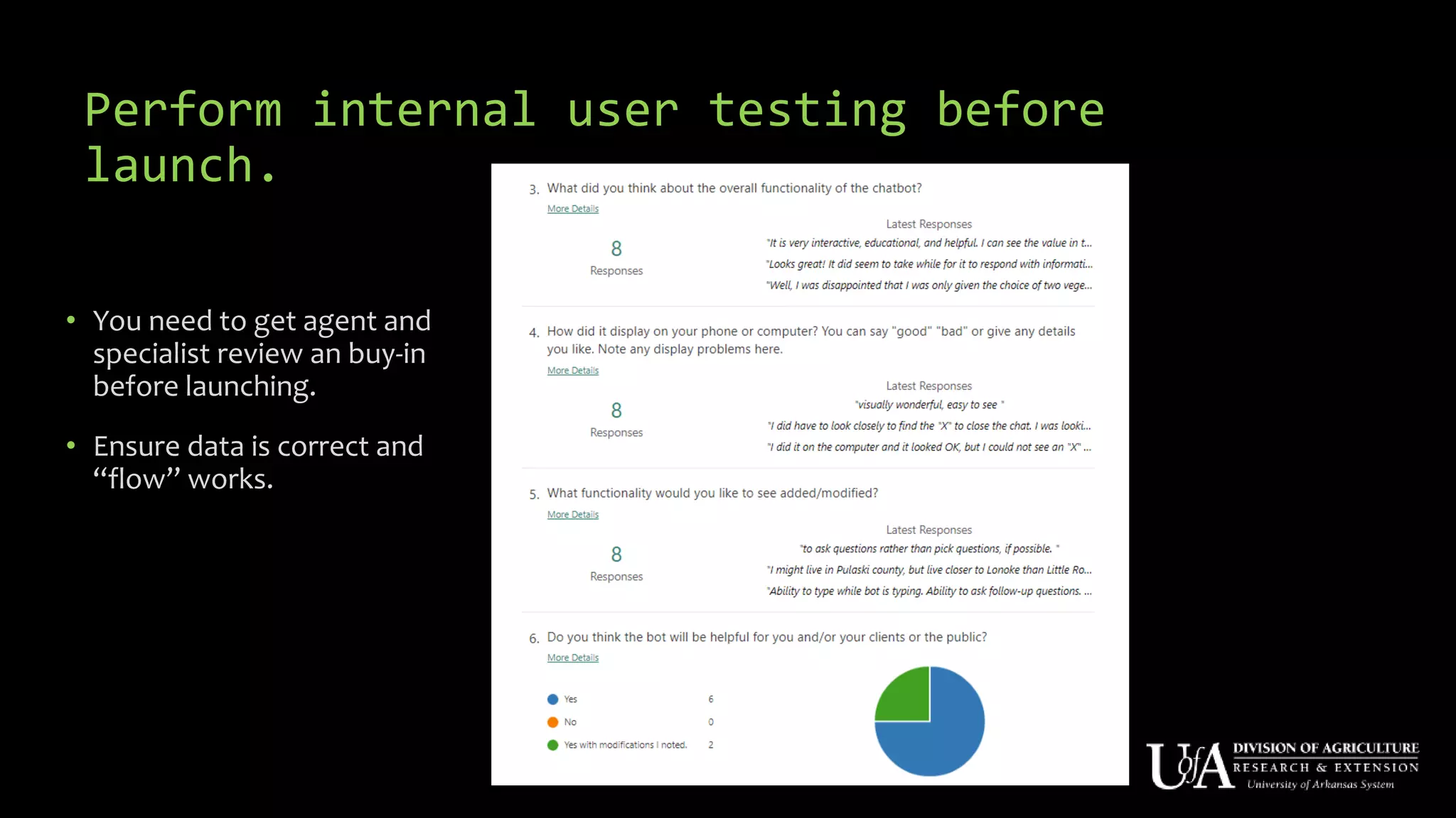 Perform internal user testing before
launch.
• You need to get agent and
specialist review an buy-in
before launching.
• Ensure data is correct and
“flow” works.
 