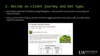 2. Decide on client journey and bot type.
• We initially explored AI chatbots using Dialogflow – discovered it was too time consuming and
resource heavy.
• Goal: use fact sheet FAQs to answer common veggie questions and reduce calls or emails about
repetitive questions.
 