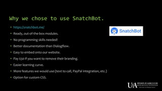 Why we chose to use SnatchBot.
• https://snatchbot.me/
• Ready, out-of-the-box modules.
• No programming skills needed!
• Better documentation than Dialogflow.
• Easy to embed onto our website.
• Pay $30 if you want to remove their branding.
• Easier learning curve.
• More features we would use (text to call, PayPal integration, etc.)
• Option for custom CSS.
 