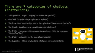 There are 7 categories of chatbots
(chatterbots):
1. The Optimizer - largest category (all others are spinoffs)
2. One-Trick Pony - (adding sunglasses to a photo)
3. The Proactive – provide right info at the right time (“Weathercat Poncho”)
4. The Social – Slack bots (use crowd/messenger platforms)
5. The Shield – help you avoid unpleasant experiences (fight bureaucracy,
“DoNotPay” bot)
6. The Chatty – only exist for the sake of conversation
7. The Super Bot – Alexa, Siri, Cortana: intelligent personal assistants
Source: https://chatbotsmagazine.com/
 