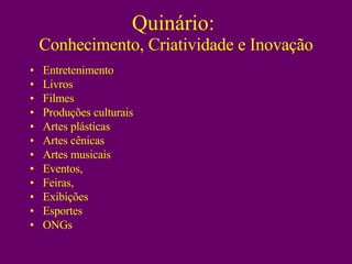 Quinário:  Conhecimento, Criatividade e Inovação Entretenimento  Livros Filmes Produções culturais Artes plásticas Artes cênicas Artes musicais Eventos,  Feiras,  Exibições Esportes ONGs 