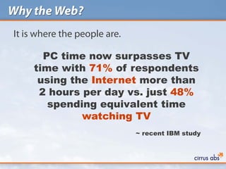 Why the Web?
It is where the people are.

       PC time now surpasses TV
     time with 71% of respondents
      using the Internet more than
      2 hours per day vs. just 48%
        spending equivalent time
              watching TV
                              ~ recent IBM study
 