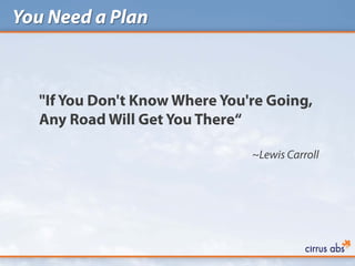 You Need a Plan



  "If You Don't Know Where You're Going,
  Any Road Will Get You There“

                               ~Lewis Carroll
 