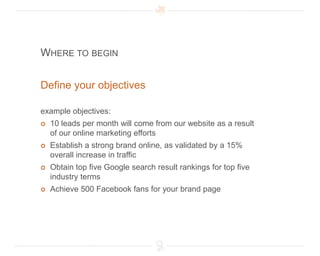 Where to beginDefine your objectives example objectives:10 leads per month will come from our website as a result of our online marketing effortsEstablish a strong brand online, as validated by a 15% overall increase in trafficObtain top five Google search result rankings for top five industry termsAchieve 500 Facebook fans for your brand page
