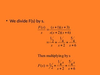• We divide F(s) by s.
6
4
5
2
4
1
2
1
)
(
s
by
g
multiplyin
Then
6
4
5
2
4
1
2
1
)
6
)(
2
(
)
3
)(
1
(
)
(















s
s
s
s
s
F
s
s
s
s
s
s
s
s
s
s
F
 