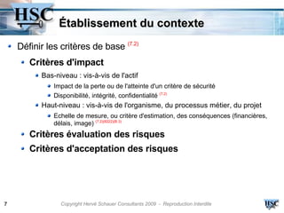 Établissement du contexte
    Définir les critères de base (7.2)
       Critères d'impact
          Bas-niveau : vis-à-vis de l'actif
              Impact de la perte ou de l'atteinte d'un critère de sécurité
              Disponibilité, intégrité, confidentialité (7.2)
          Haut-niveau : vis-à-vis de l'organisme, du processus métier, du projet
              Echelle de mesure, ou critère d'estimation, des conséquences (financières,
              délais, image) (7.2)(8222)(B.3)
       Critères évaluation des risques
       Critères d'acceptation des risques




7               Copyright Hervé Schauer Consultants 2009 - Reproduction Interdite
 