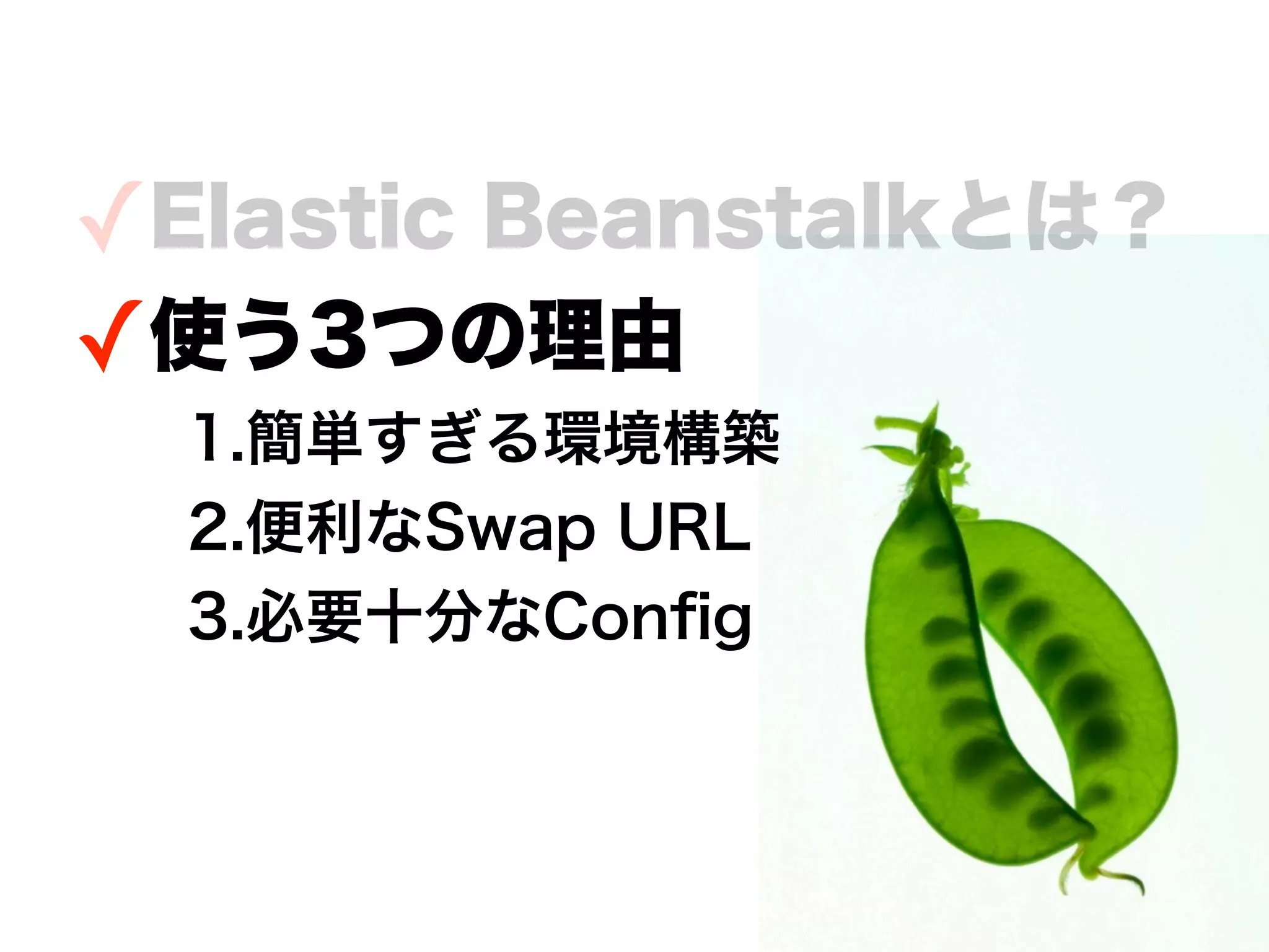 ✓Elastic Beanstalkとは？
✓使う3つの理由
  1.簡単すぎる環境構築
  2.便利なSwap URL
  3.必要十分なConﬁg
 