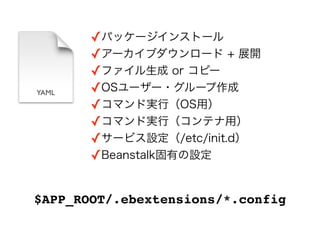 ✓パッケージインストール
       ✓アーカイブダウンロード + 展開
       ✓ファイル生成 or コピー
YAML   ✓OSユーザー・グループ作成
       ✓コマンド実行（OS用）
       ✓コマンド実行（コンテナ用）
       ✓サービス設定（/etc/init.d）
       ✓Beanstalk固有の設定


$APP_ROOT/.ebextensions/*.config
 