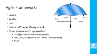 • Scrum
• Kanban
• Lean
• Business Process Management
• Other development approaches
• FDD (Feature Driven Development)
• TDD (Test/Acceptance Test Driven Development)
• SAFe
Agile Frameworks
 