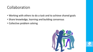 • Working with others to do a task and to achieve shared goals
• Share knowledge, learning and building consensus
• Collective problem solving
Collaboration
 