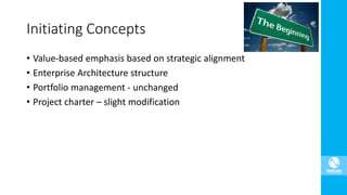 • Value-based emphasis based on strategic alignment
• Enterprise Architecture structure
• Portfolio management - unchanged
• Project charter – slight modification
Initiating Concepts
 
