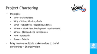 • Includes:
• Who - Stakeholders
• Why – Vision, Mission, Goals
• What – Objectives, Project Boundaries
• Where – Work sites, Deployment requirements
• When – Start and end target dates
• How - Approach
• Success Criteria
• May involve multiple stakeholders to build
consensus – Shared vision
Project Chartering
 