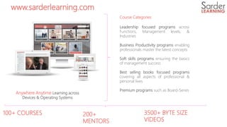 3500+ BYTE SIZE
VIDEOS
200+
MENTORS
100+ COURSES
Leadership focused programs across
Functions, Management levels, &
Industries
Business Productivity programs enabling
professionals master the latest concepts
Soft skills programs ensuring the basics
of management success
Best selling books focused programs
covering all aspects of professional &
personal lives
Premium programs such as Board-Series
www.sarderlearning.com
Course Categories
Anywhere Anytime Learning across
Devices & Operating Systems
 