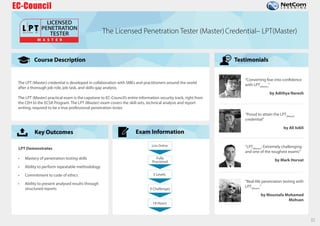 Course Description
Key Outcomes
Course Outline
Exam Information
32
Course Description
Key Outcomes
Testimonials
Exam Information
The Licensed Penetration Tester (Master)Credential– LPT(Master)
The LPT (Master) credential is developed in collaboration with SMEs and practitioners around the world
after a thorough job role, job task, and skills-gap analysis.
The LPT (Master) practical exam is the capstone to EC-Council’s entire information security track, right from
the CEH to the ECSA Program. The LPT (Master) exam covers the skill-sets, technical analysis and report
writing, required to be a true professional penetration tester.
• Mastery of penetration testing skills
• Ability to perform repeatable methodology
• Commitment to code of ethics
• Ability to present analysed results through
structured reports
32
“Converting fear into confidence
with LPT(Master)
”
by Adithya Naresh
“Proud to attain the LPT(Master)
credential”
by Ali Isikli
“LPT(Master)
: Extremely challenging
and one of the toughest exams”
by Mark Horvat
“Real-life penetration testing with
LPT(Master)
”
by Moustafa Mohamed
Mohsen
LPT Demonstrates
18 Hours
3 Levels
9 Challenges
Fully
Proctored
Live Online
 