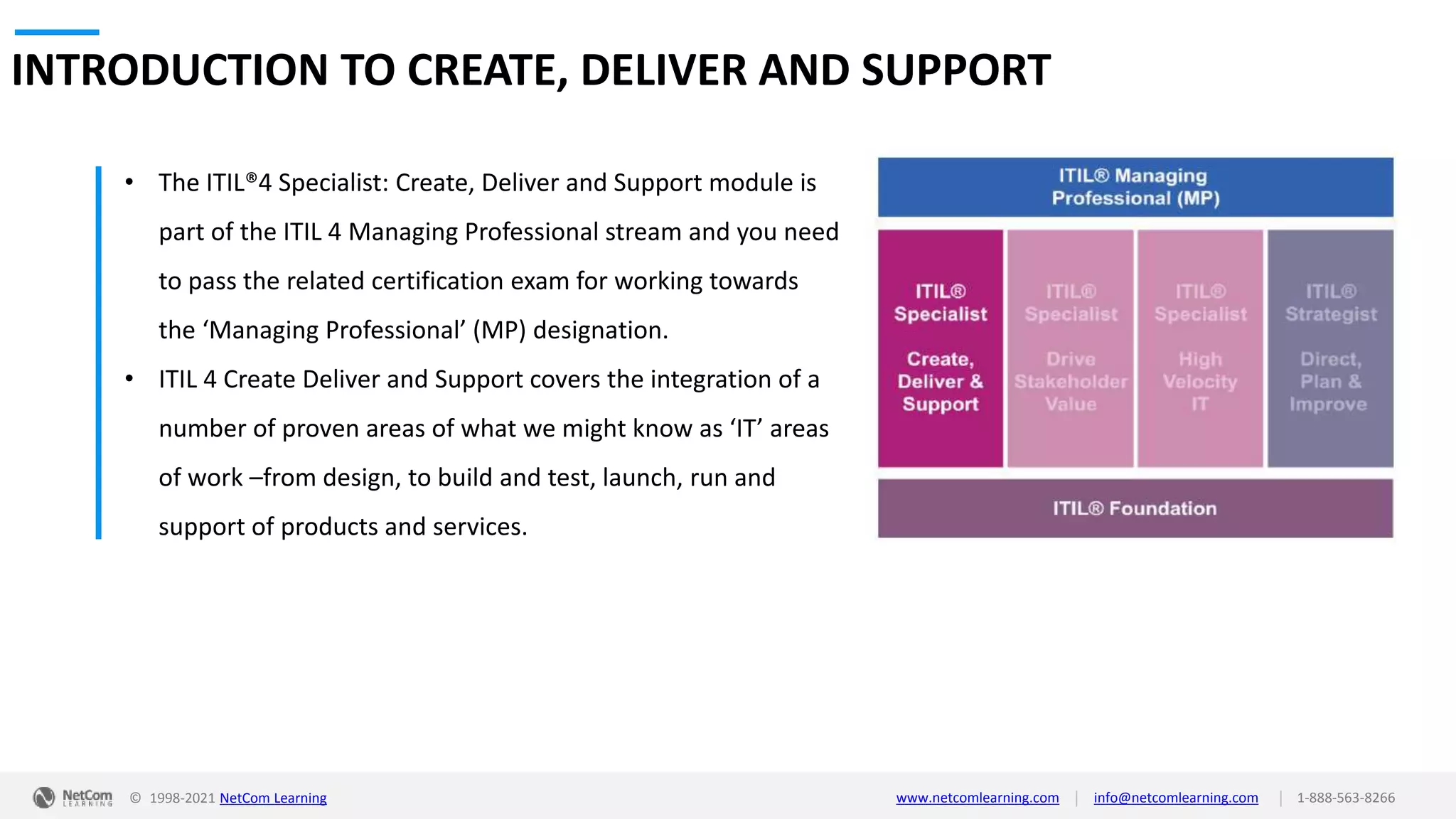 © 1998-2021 NetCom Learning www.netcomlearning.com info@netcomlearning.com 1-888-563-8266
|
|
INTRODUCTION TO CREATE, DELIVER AND SUPPORT
• The ITIL®4 Specialist: Create, Deliver and Support module is
part of the ITIL 4 Managing Professional stream and you need
to pass the related certification exam for working towards
the ‘Managing Professional’ (MP) designation.
• ITIL 4 Create Deliver and Support covers the integration of a
number of proven areas of what we might know as ‘IT’ areas
of work –from design, to build and test, launch, run and
support of products and services.
 