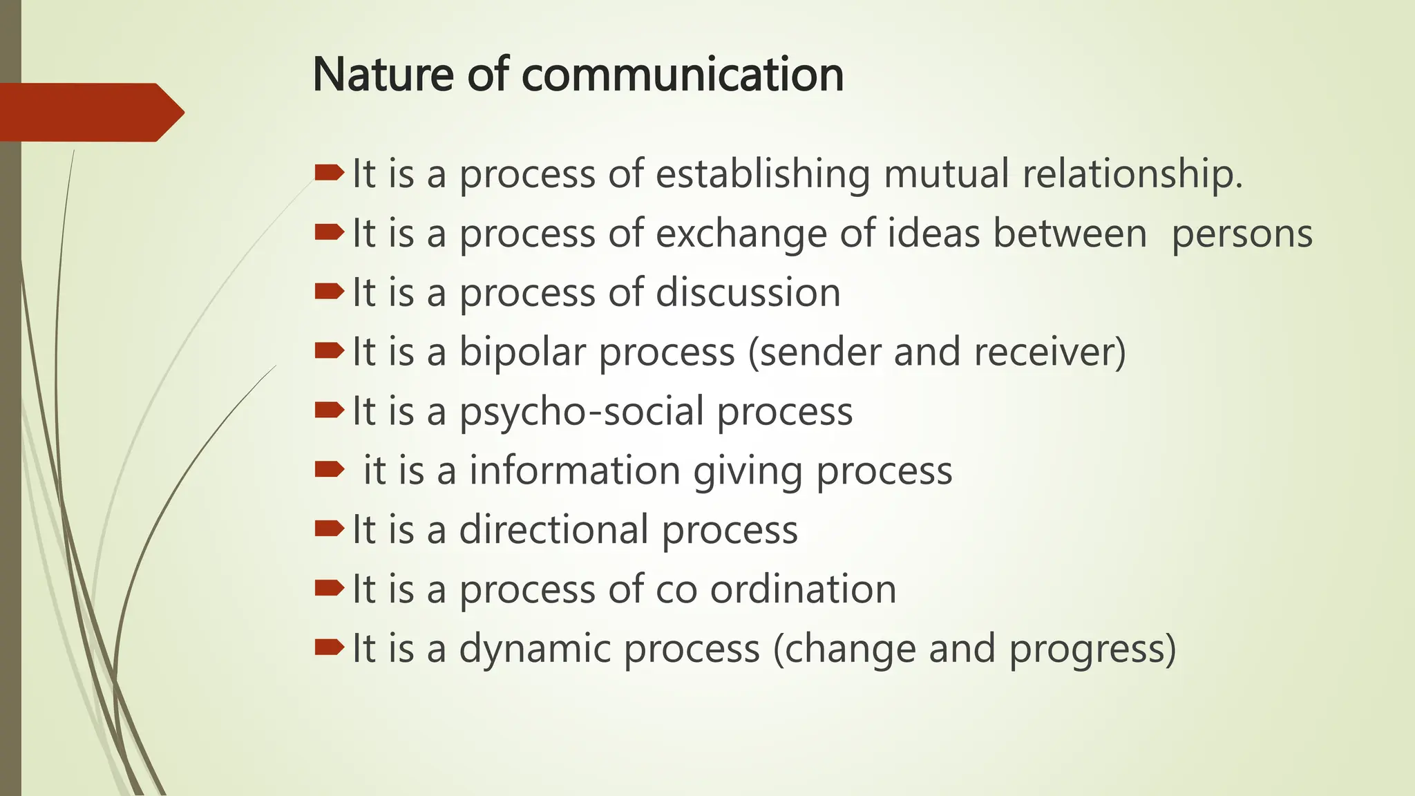 Nature of communication
It is a process of establishing mutual relationship.
It is a process of exchange of ideas between persons
It is a process of discussion
It is a bipolar process (sender and receiver)
It is a psycho-social process
 it is a information giving process
It is a directional process
It is a process of co ordination
It is a dynamic process (change and progress)
 