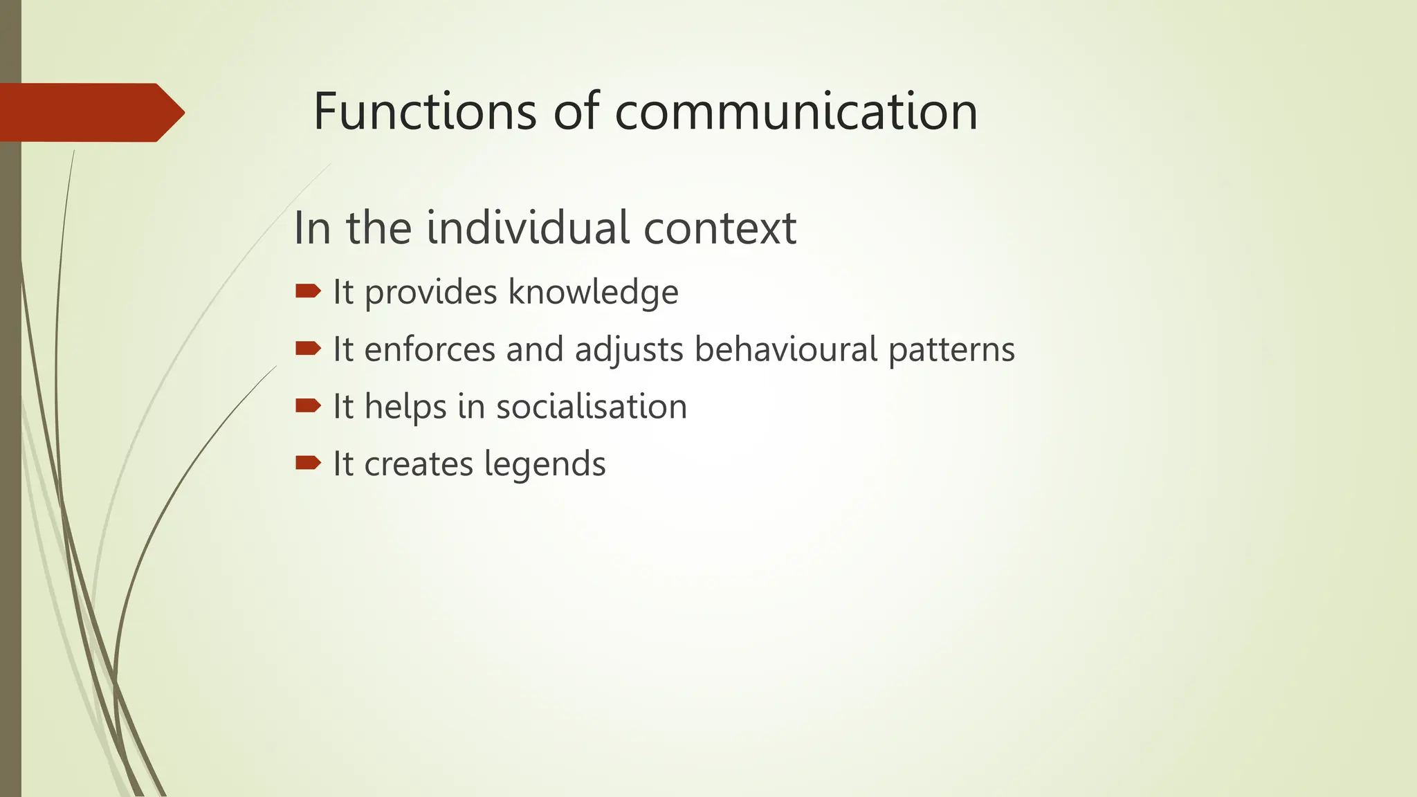 Functions of communication
In the individual context
 It provides knowledge
 It enforces and adjusts behavioural patterns
 It helps in socialisation
 It creates legends
 