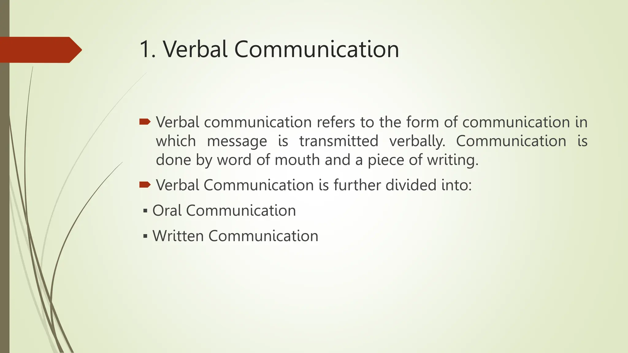 1. Verbal Communication
 Verbal communication refers to the form of communication in
which message is transmitted verbally. Communication is
done by word of mouth and a piece of writing.
 Verbal Communication is further divided into:
▪ Oral Communication
▪ Written Communication
 