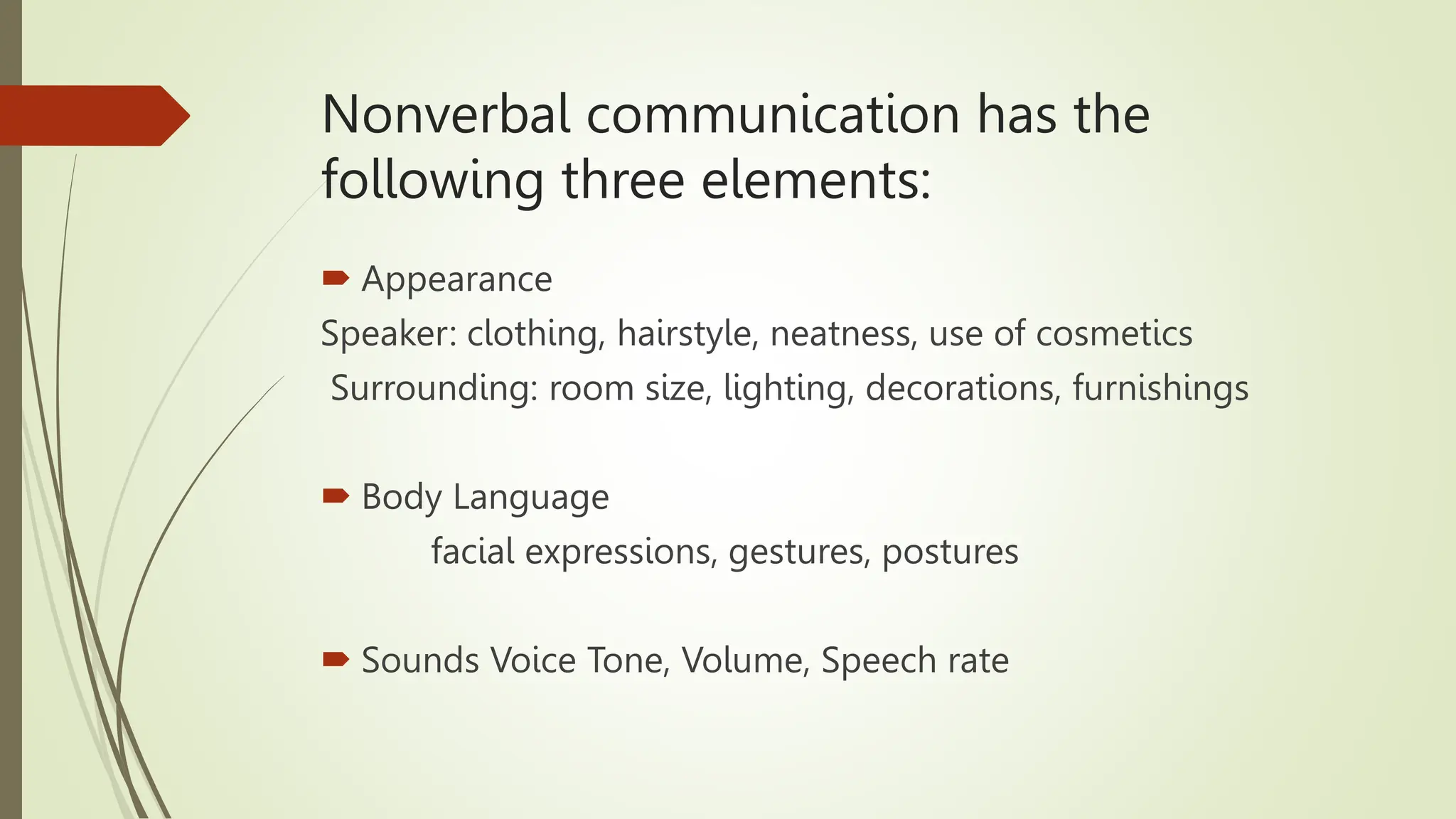 Nonverbal communication has the
following three elements:
 Appearance
Speaker: clothing, hairstyle, neatness, use of cosmetics
Surrounding: room size, lighting, decorations, furnishings
 Body Language
facial expressions, gestures, postures
 Sounds Voice Tone, Volume, Speech rate
 