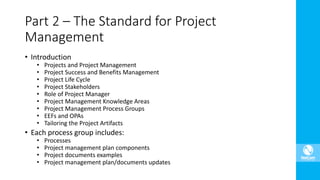 • Introduction
• Projects and Project Management
• Project Success and Benefits Management
• Project Life Cycle
• Project Stakeholders
• Role of Project Manager
• Project Management Knowledge Areas
• Project Management Process Groups
• EEFs and OPAs
• Tailoring the Project Artifacts
• Each process group includes:
• Processes
• Project management plan components
• Project documents examples
• Project management plan/documents updates
Part 2 – The Standard for Project
Management
 